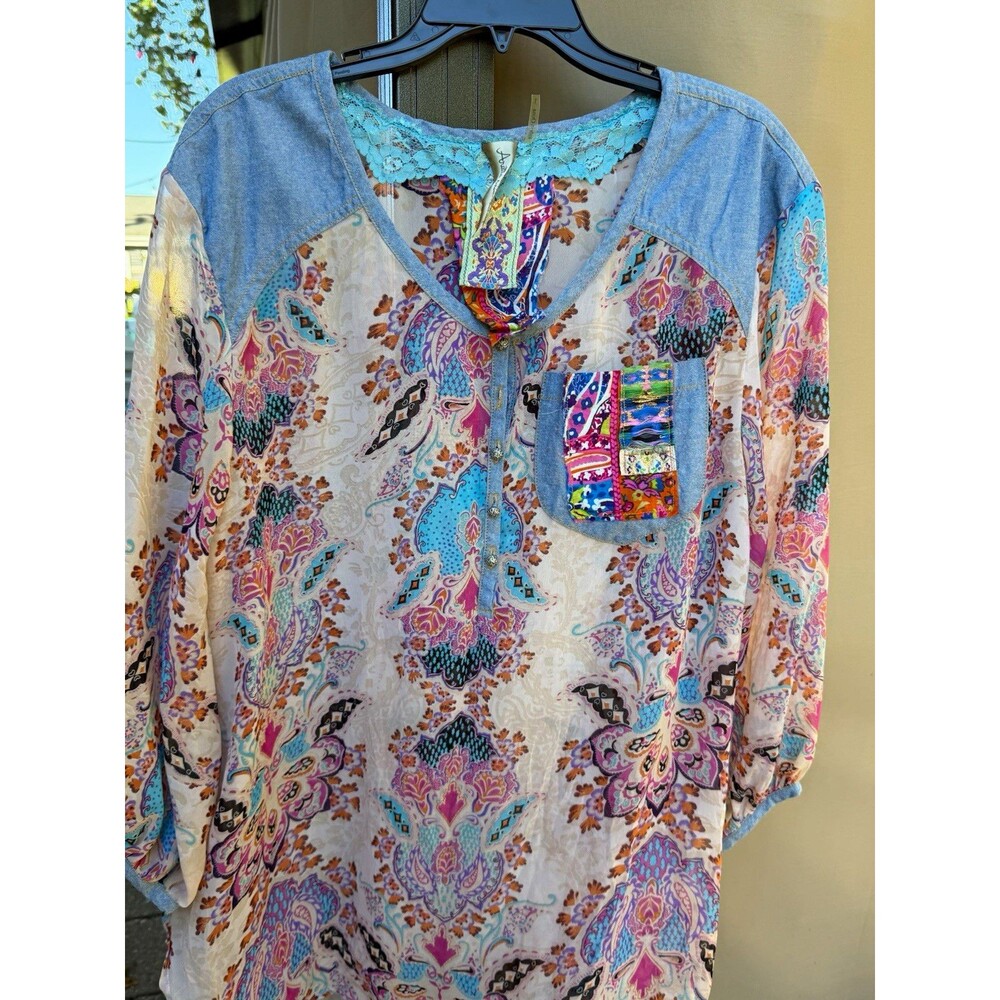 Aratta Silent Journey Women’s XL Paisley Patchwork Lace Tunic Blouse Boho
